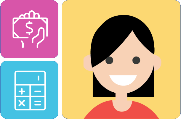 Hand holding cash, calculator, and happy person.