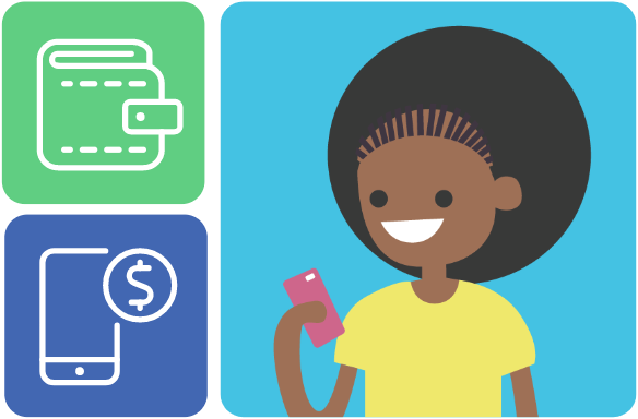 Wallet, mobile phone, and happy person using mobile phone.